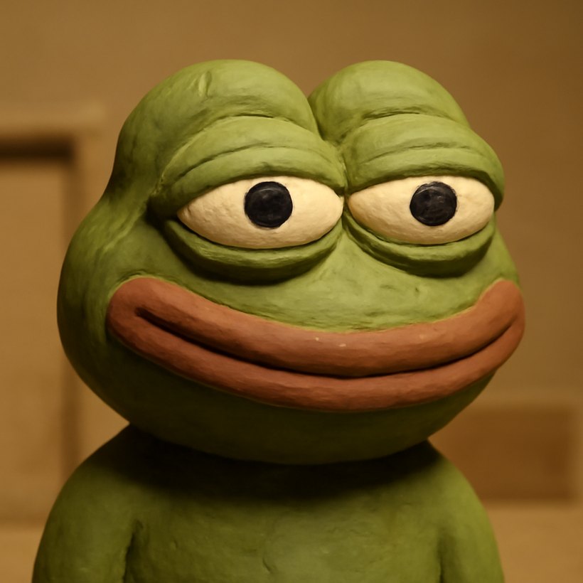 Clay Pepe: a green modeling-clay frog with bead eyes and lips made of two red clay rolls