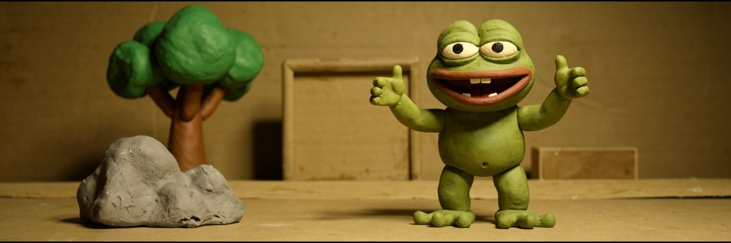 Clay Pepe standing on a cardboard stage giving two thumbs up, next to a clay tree and a grey clay rock